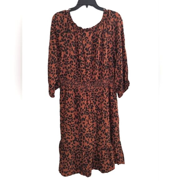 Knox Rose dark brown leopard animal print smocked a-line knee length dress L - Picture 3 of 7